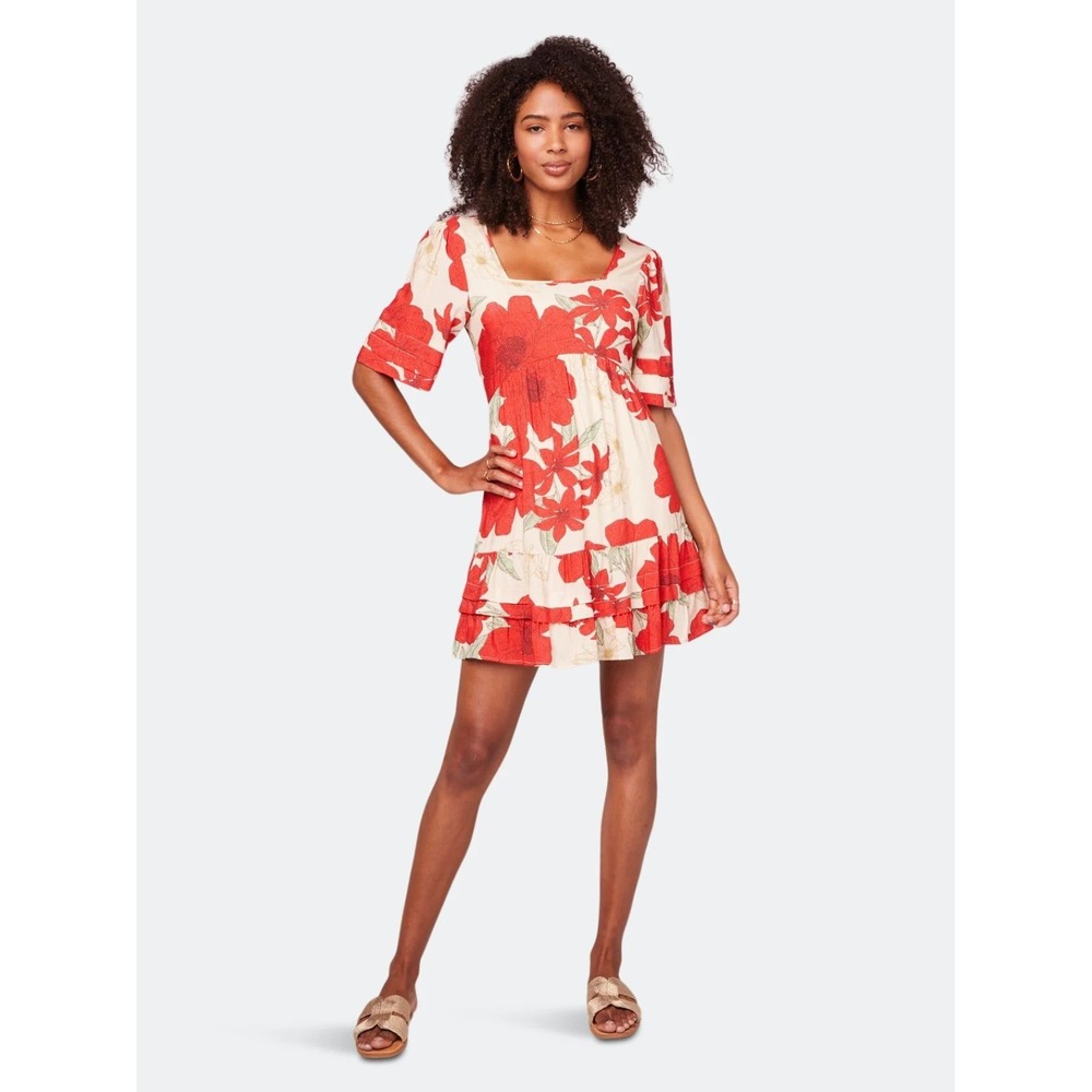 B.O.G Collective Euclid Red Poppy Short Sleeve Mini Dress Size L Red Boho Ruffle